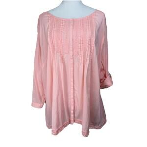 Intro Casual Elegance Woman 3X Blouse Top 3/4 sleeves Buttons Pleated Lace Trim